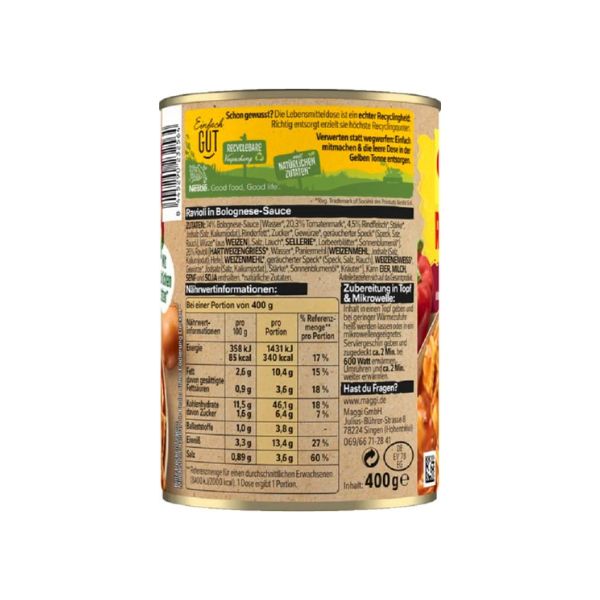 Gesundes Fertiggericht Ravioli Bolognese in aromatischer Tomaten-Fleisch-Sauce